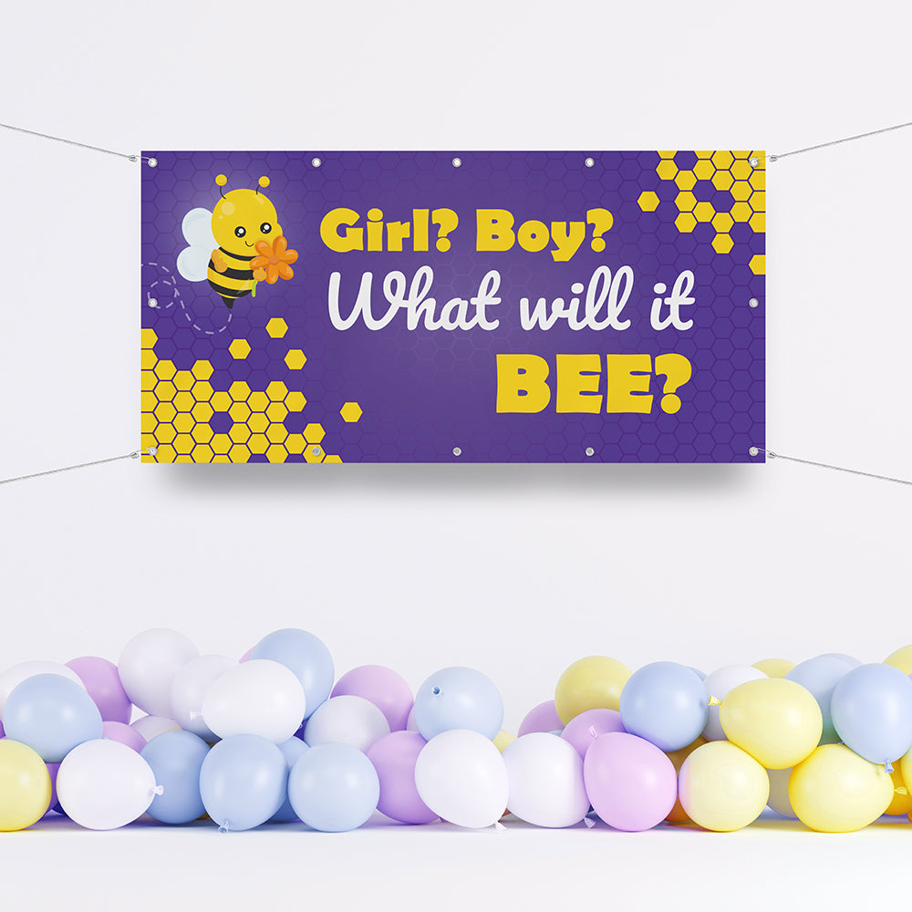 Lila Gender Reveal Banner mit Bienenmotiv und der Frage 'Girl? Boy? What will it BEE?'. Dekoriert mit bunten Luftballons in Pastellfarben – perfekt für Babypartys und Überraschungsmomente.
