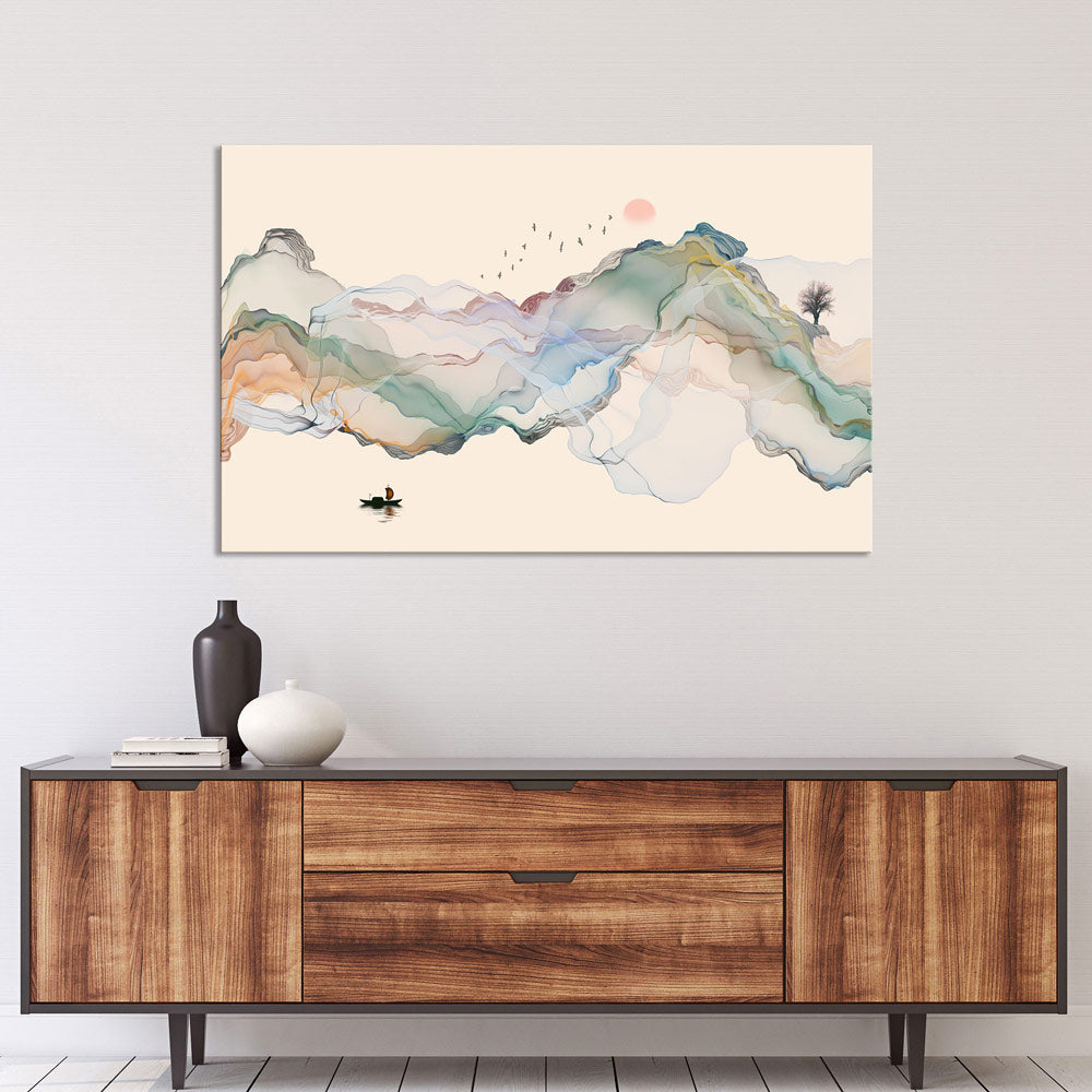 Leinwandbild "Abstrakte Tintenlandschaft" mit Holz-Sideboard