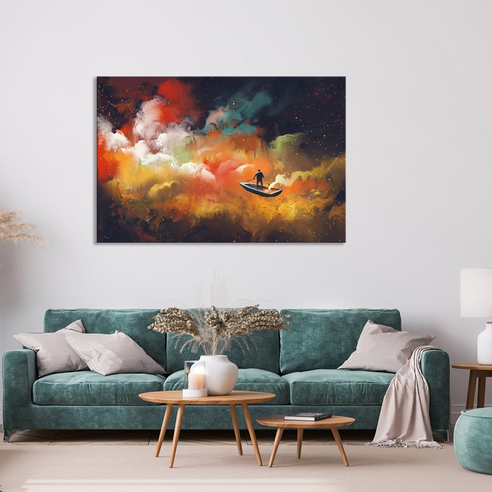 Leinwandbild "Mann im All" mit blauer Couch