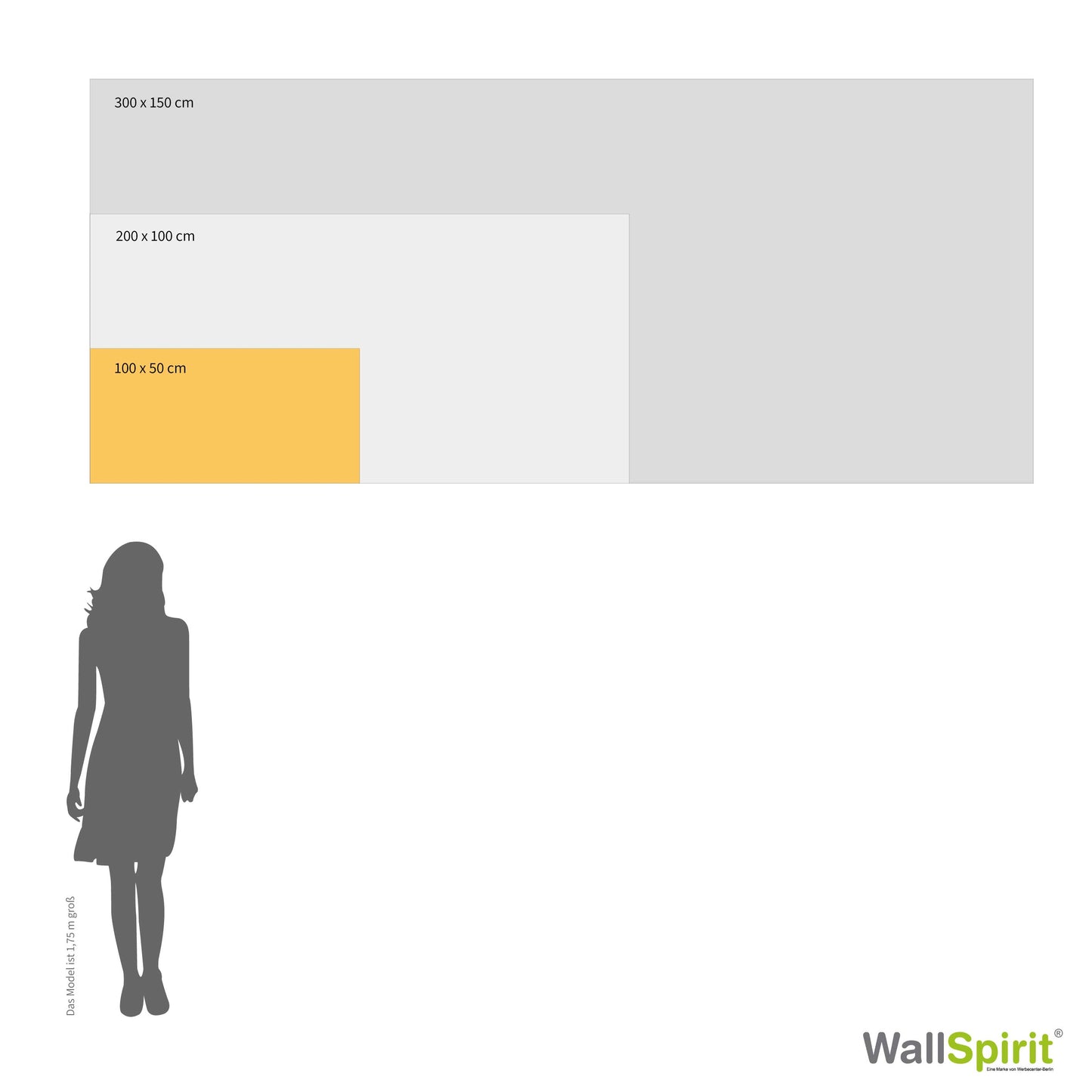 Größenvergleich von Bannern in den Maßen 100x50 cm, 200x100 cm und 300x150 cm mit einer Silhouette einer 1,75 m großen Person als Referenz, präsentiert von WallSpirit.