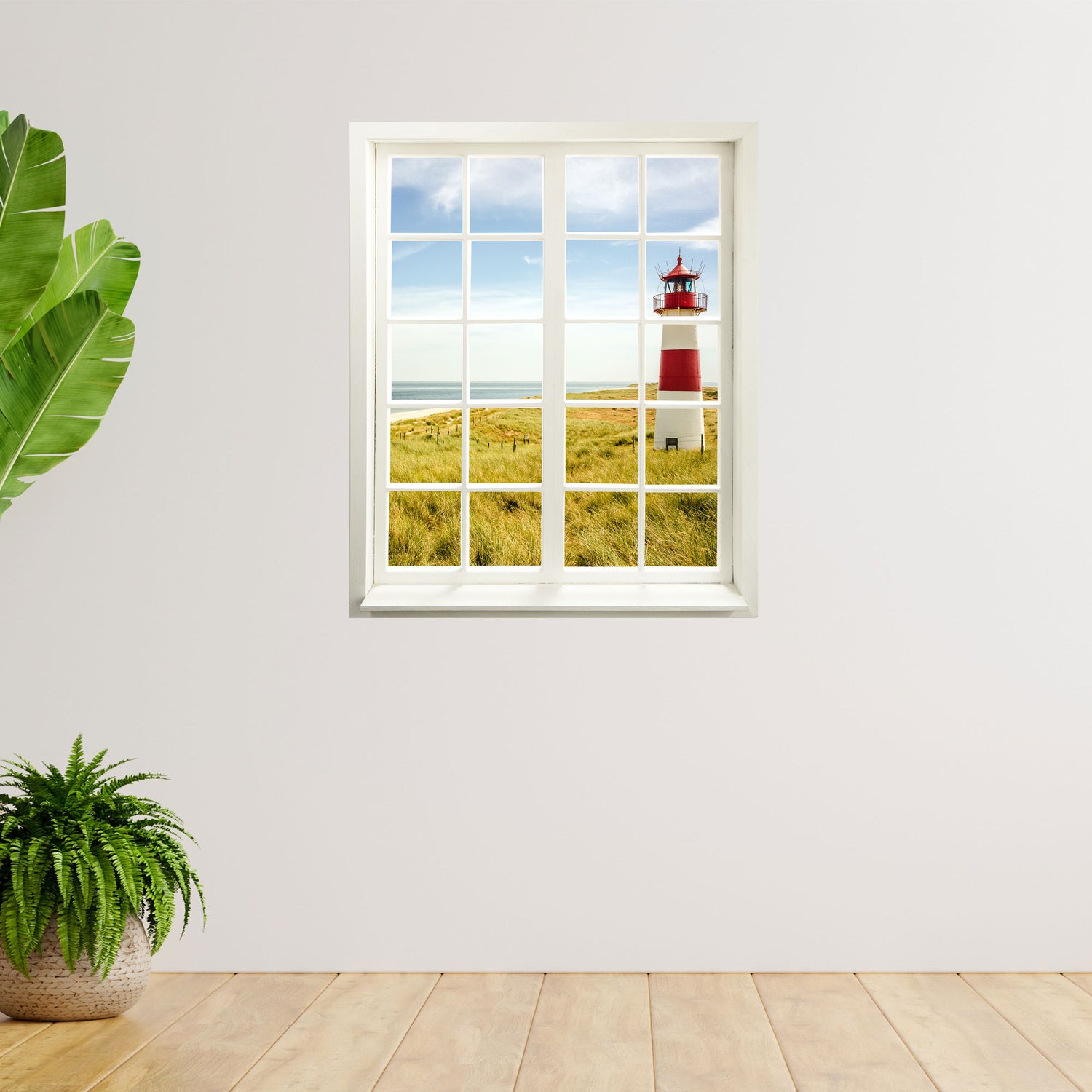 Wandtattoo Motiv Fensterblick "Leuchtturm" in Zimmer mit Topfpflanzen