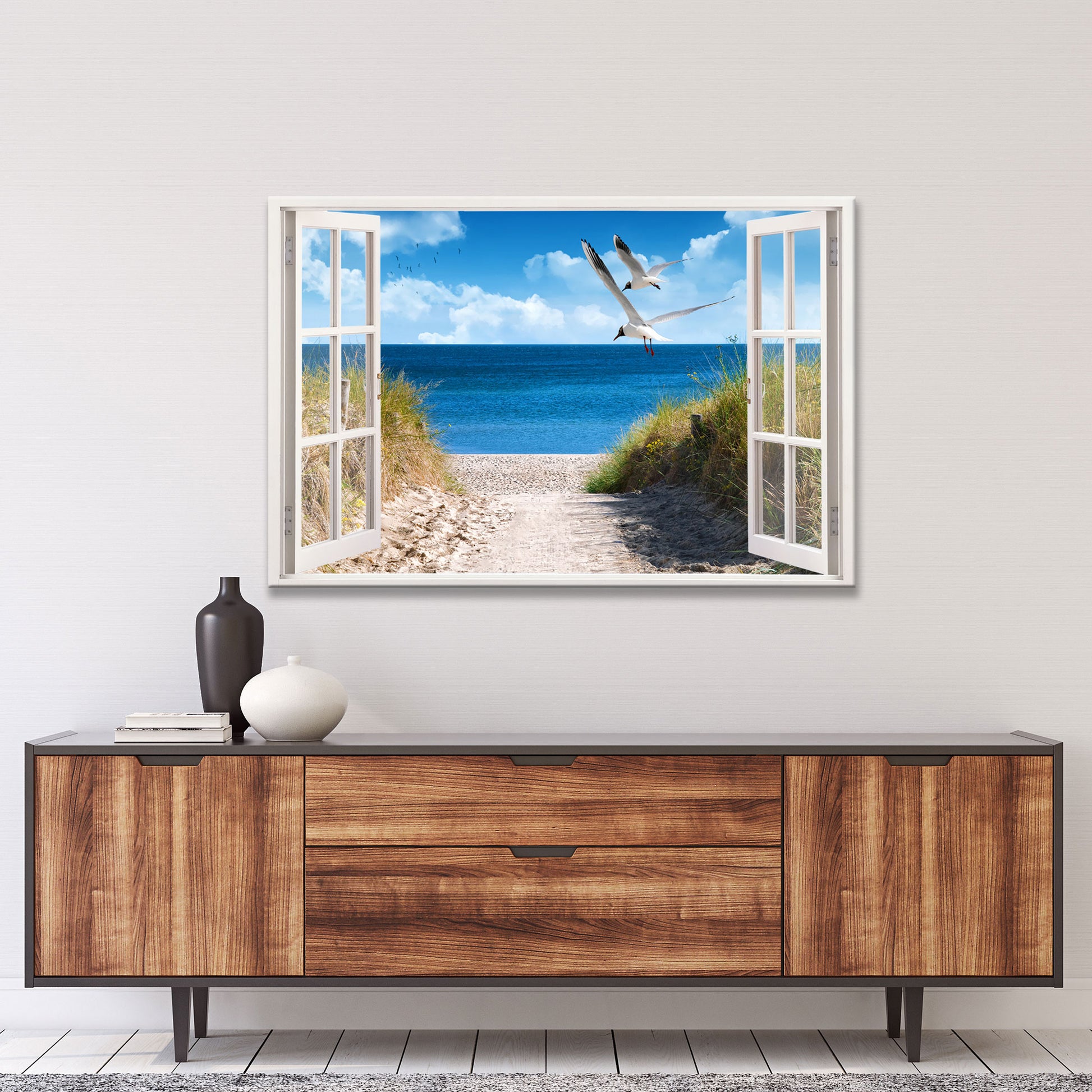 Wanddekoration für Flur und Diele mit Blick auf malerischen Strand und Möwen