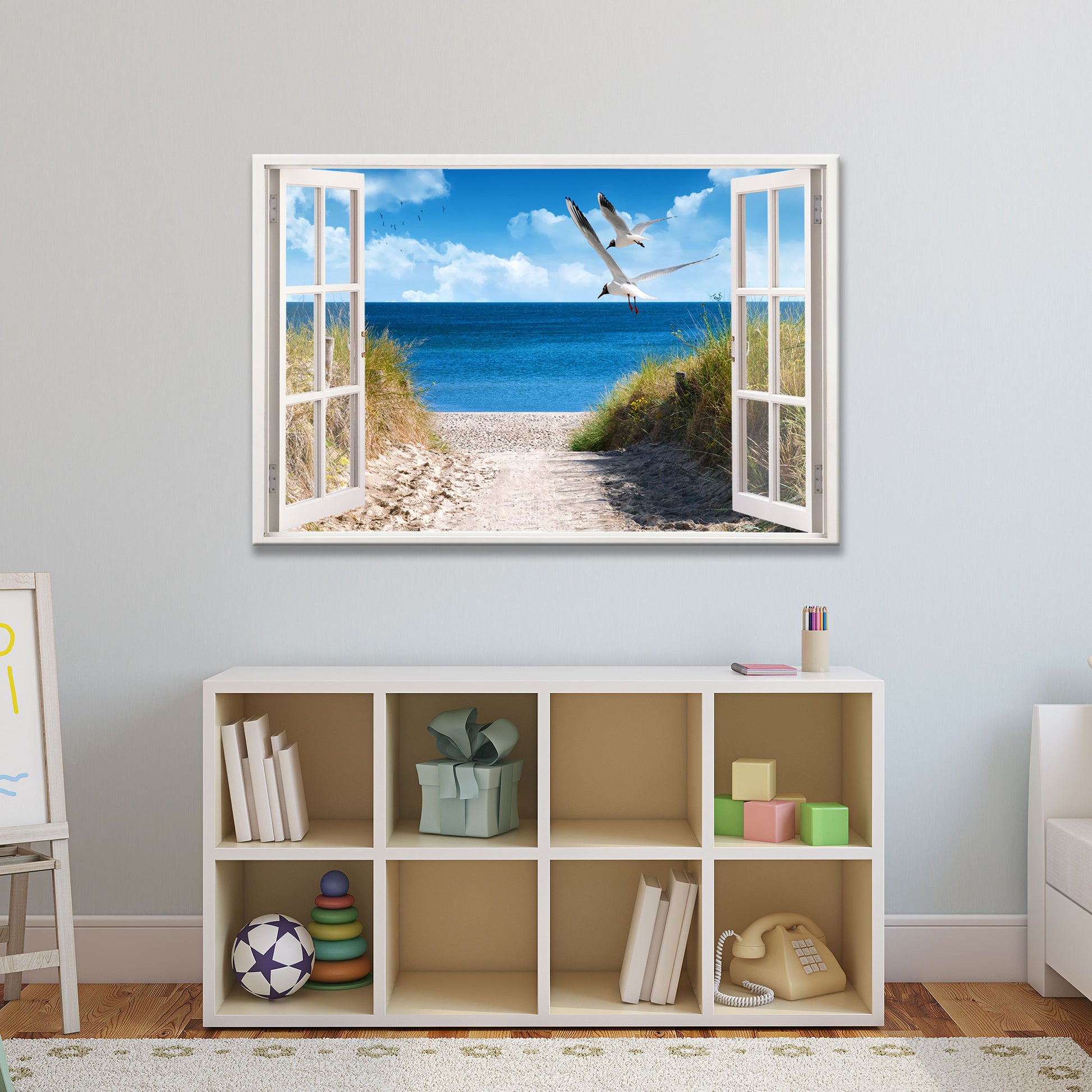 Innendekoration Kinderzimmer Wandbild Sandstrand mit Möwen und Meerblick PVC-frei und Lösemittel-frei