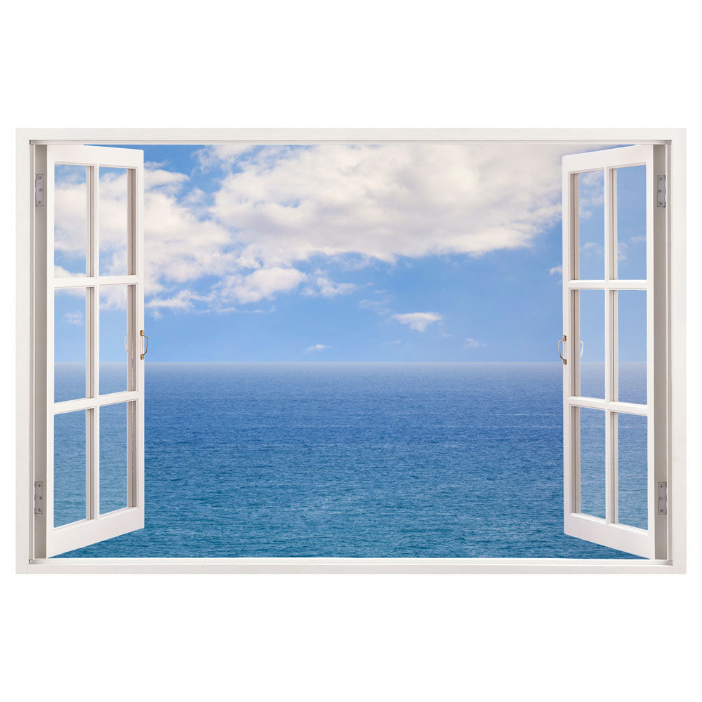 Wandbild mit Ozean und Wolken durch geöffnetes Fenster gedruckt auf Leinwand