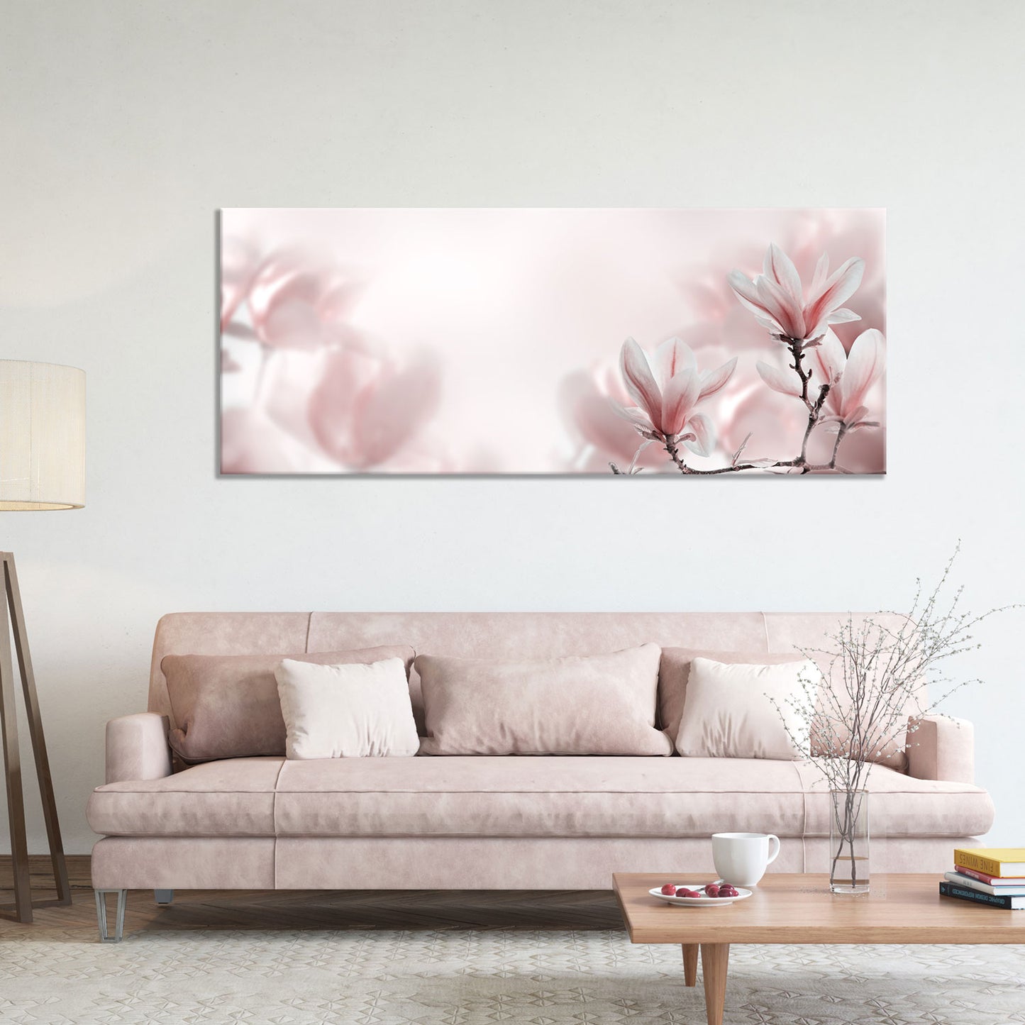 Innendekoration mit wohltuenden Blick auf Magnolienblüten im Frühling für Wohnzimmer gedruckt auf Leinwand