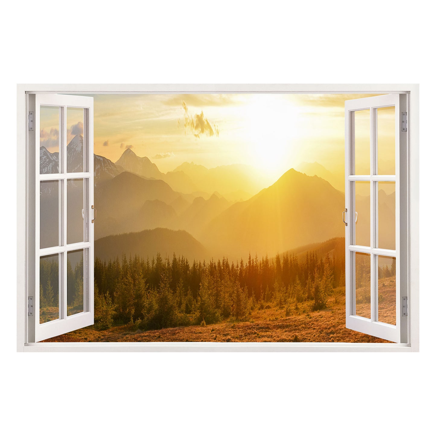Leinwandbild mit offenem Fensterblick auf eine atemberaubende Berglandschaft bei Sonnenuntergang. Goldene Sonnenstrahlen tauchen die Wälder und Hügel in warmes Licht. Perfekte Wanddekoration für Wohnzimmer oder Büro – hochwertiger Druck von Wallspirit.