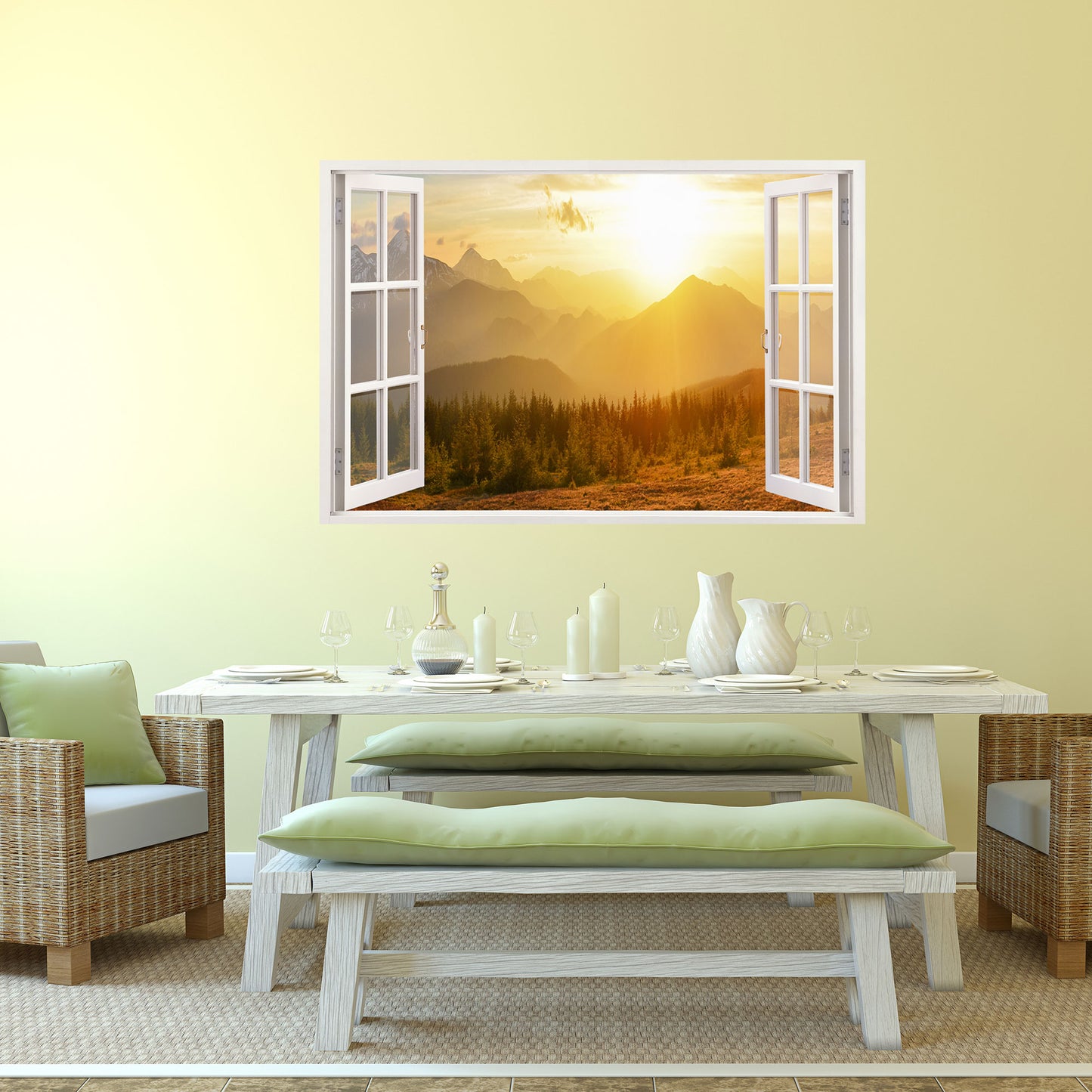 Leinwandbild mit Fensterblick auf eine atemberaubende Berglandschaft bei Sonnenuntergang. Hochwertiger Druck mit warmen Farben, ideal für stilvolle Wohnräume.