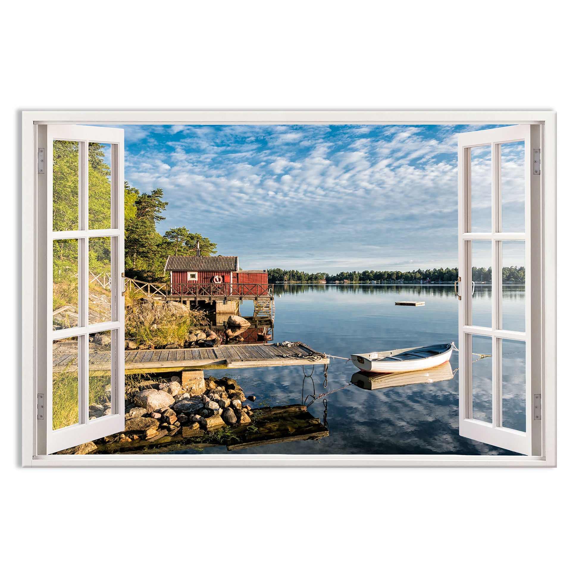 Ein realistisches Wandtattoo mit einer offenen Fensteransicht auf eine idyllische See-Landschaft. Im Vordergrund ist ein kleiner Steg mit einem vertäuten Ruderboot zu sehen, das sich sanft auf dem spiegelglatten Wasser spiegelt. Auf der linken Seite steht ein rustikales rotes Bootshaus auf Holzpfählen direkt am Ufer, umgeben von üppigen Bäumen und Felsen. Der Himmel zeigt eine sanfte Wolkenbildung, die sich harmonisch im ruhigen Wasser widerspiegelt. Dieses Wandbild bringt eine beruhigende Atmosphäre.
