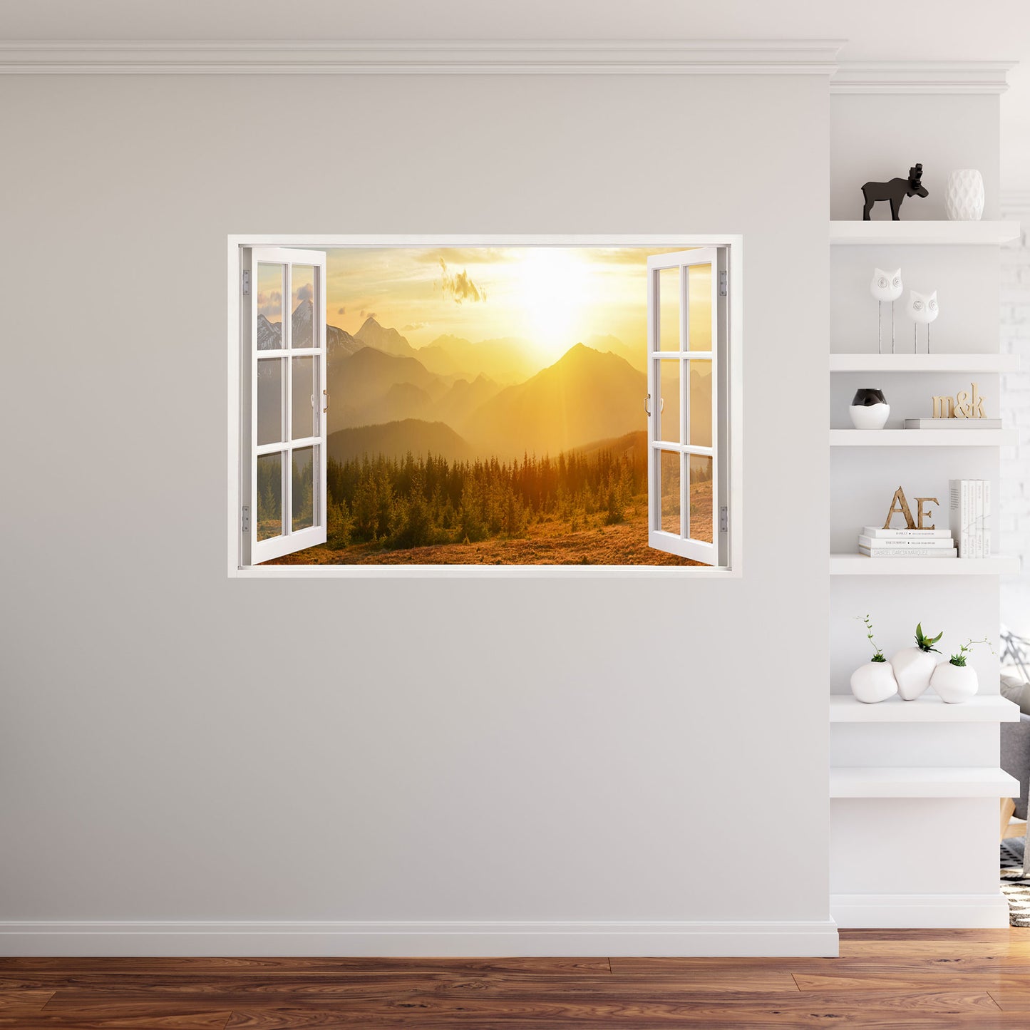 Hochwertiges Wandbild mit Sonnenuntergang über den Bergen – moderne Wanddekoration für das Wohnzimmer. Der Fensterblick-Effekt schafft eine harmonische Atmosphäre. Exklusiver Druck von Wallspirit.