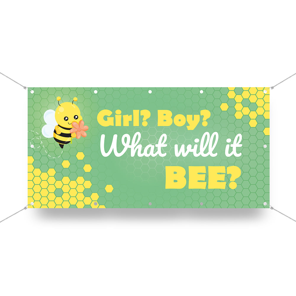Gender Reveal Banner mit süßer Biene und Wabenmuster. Text: 'Girl? Boy? What will it BEE?' in Gelb und Weiß auf grünem Hintergrund. Perfekt für Babypartys und Gender Reveal Feiern.