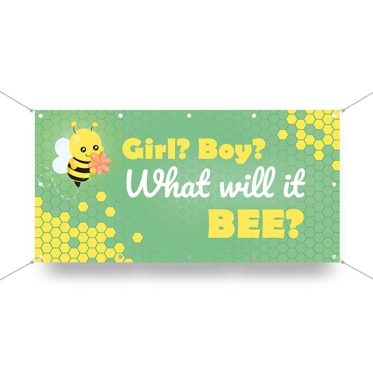 Gender Reveal Banner mit süßer Biene und Wabenmuster. Text: 'Girl? Boy? What will it BEE?' in Gelb und Weiß auf grünem Hintergrund. Perfekt für Babypartys und Gender Reveal Feiern.