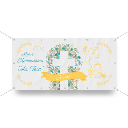 Personalisierbares Banner zur Kommunion mit floraler Kreuz-Grafik, Taube, Kelch und christlichen Symbolen. Das Banner enthält den Schriftzug 'Meine Kommunion' mit individuellem Textfeld und Namen auf einem gelben Banner. Perfekt als dekorativer Hintergrund für Kommunionsfeiern oder als festliche Raumdekoration.