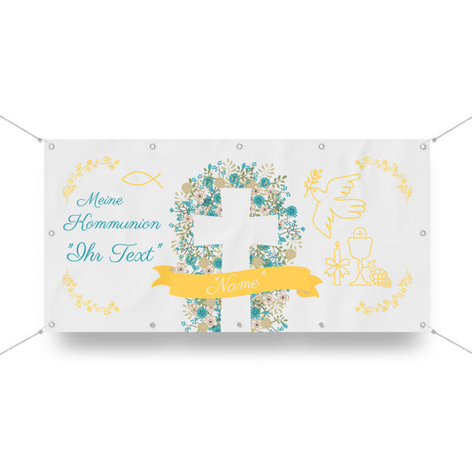 Personalisierbares Banner zur Kommunion mit floraler Kreuz-Grafik, Taube, Kelch und christlichen Symbolen. Das Banner enthält den Schriftzug 'Meine Kommunion' mit individuellem Textfeld und Namen auf einem gelben Banner. Perfekt als dekorativer Hintergrund für Kommunionsfeiern oder als festliche Raumdekoration.
