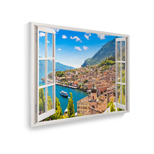 Leinwand Fensterblick Hauptbild Dorf am See
