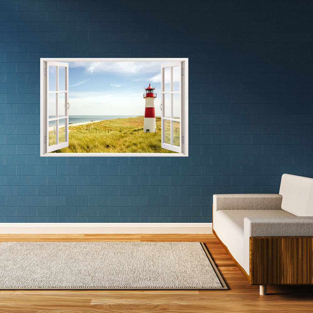 Wandbild Fensterblick Ostsee mit Leuchtturm mit Fensterrahmen