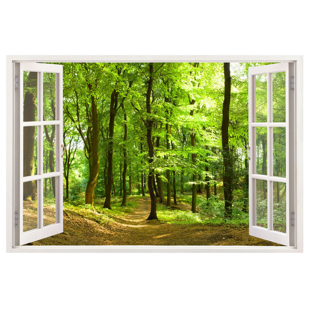 Wandbild mit Waldmotiv durch geöffneten Fenster gedruckt auf Leinwand