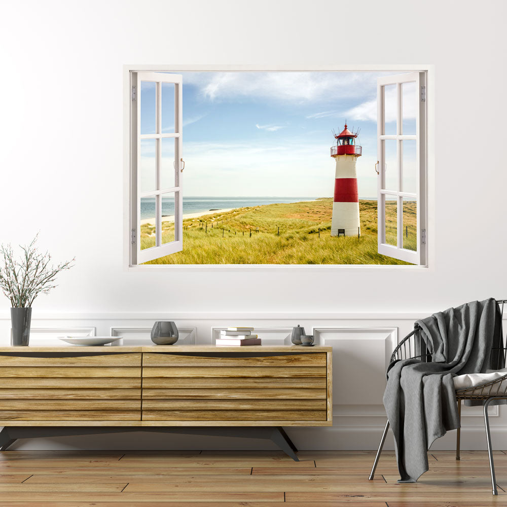 Wandgestaltung Wohnbereich mit Leinwandbild Motiv Fensterblick auf Leuchtturm, Dünen und Meer