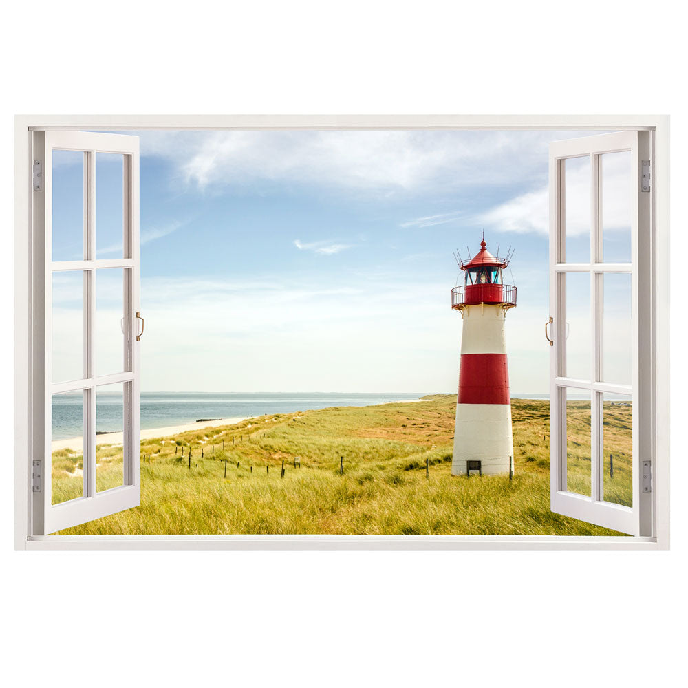 Startbild Leinwand mit Fensteroptik und Aussicht auf malerisches Leuchtturm