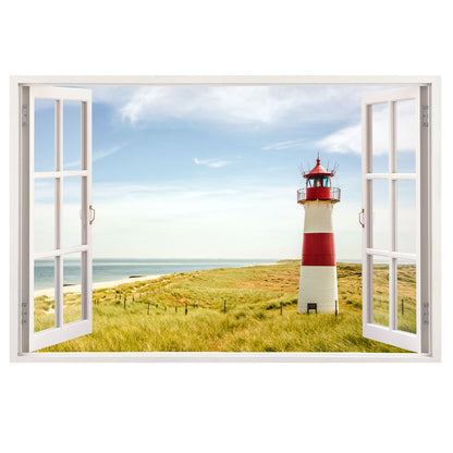 Startbild Leinwand mit Fensteroptik und Aussicht auf malerisches Leuchtturm