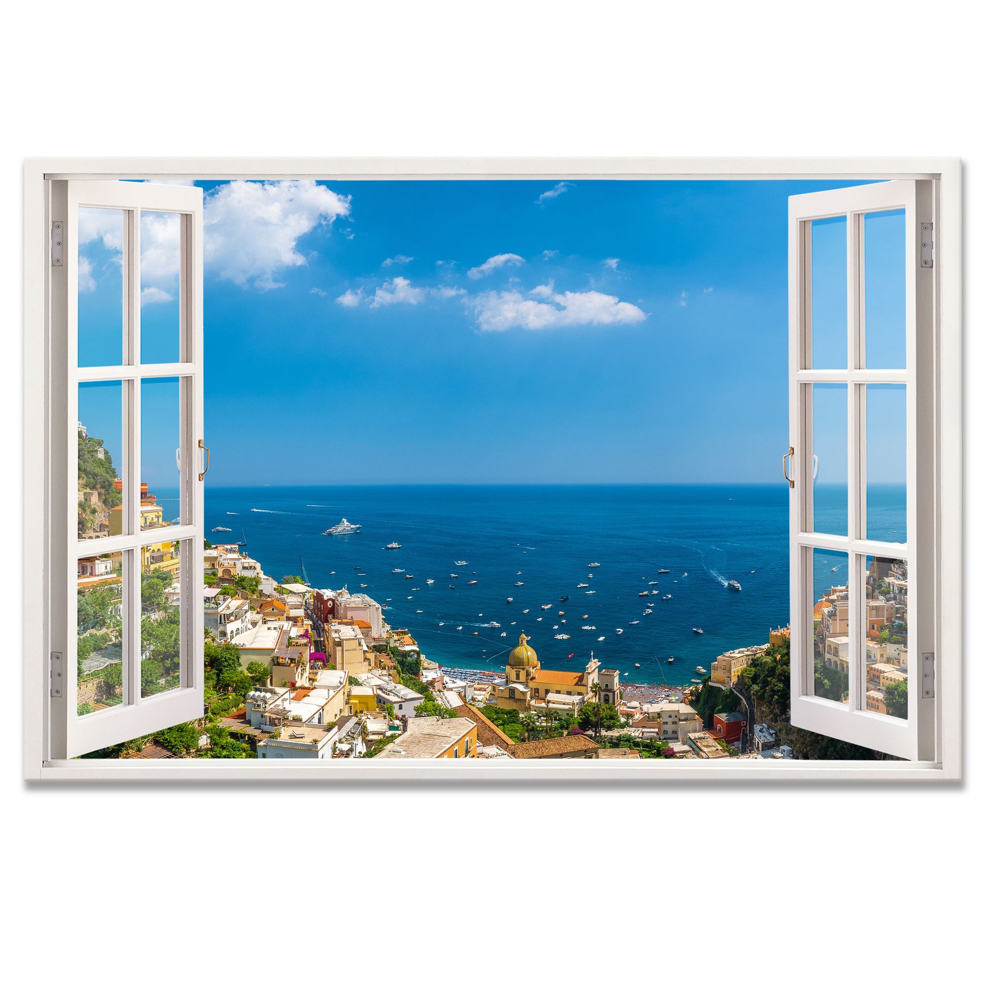 Ein beeindruckendes Wandtattoo mit einem offenen Fensterblick auf Positano an der Amalfiküste. Die idyllische Szenerie zeigt die farbenfrohen Häuser, die sich an die steilen Klippen schmiegen, das tiefblaue Mittelmeer mit vielen Booten und eine strahlend blaue Himmelslandschaft. Die weißen Fensterrahmen erzeugen die Illusion eines echten Fensters und verleihen dem Raum ein luftiges, mediterranes Flair. Perfekt für eine Urlaubsatmosphäre zu Hause.