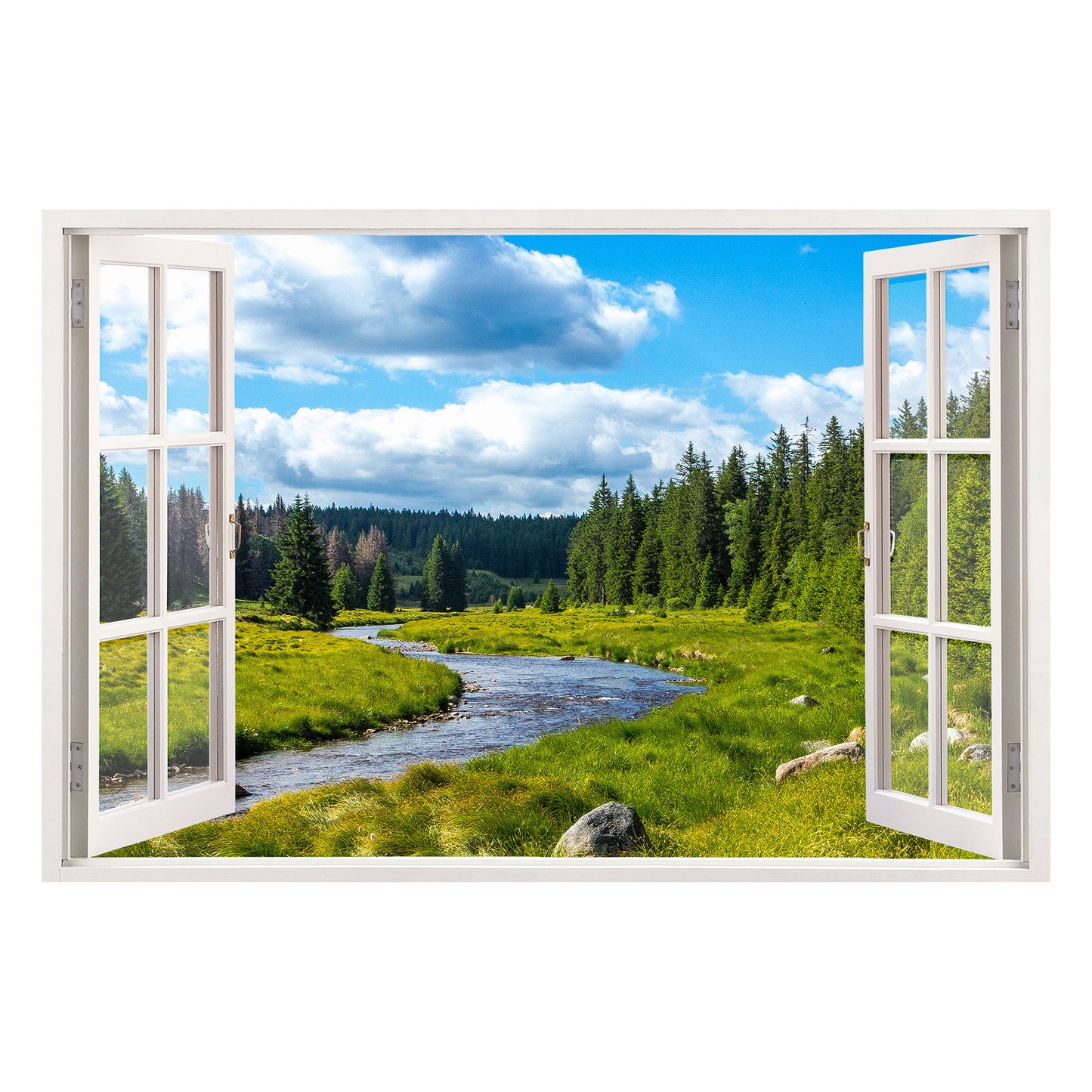 Blick aus einem offenen Fenster auf eine idyllische grüne Landschaft mit einem klaren Fluss, umgeben von dichten Wäldern und einem dramatischen Himmel. Wallspirit bietet Kunstwerke, die Natur und Frieden in Ihr Zuhause bringen.