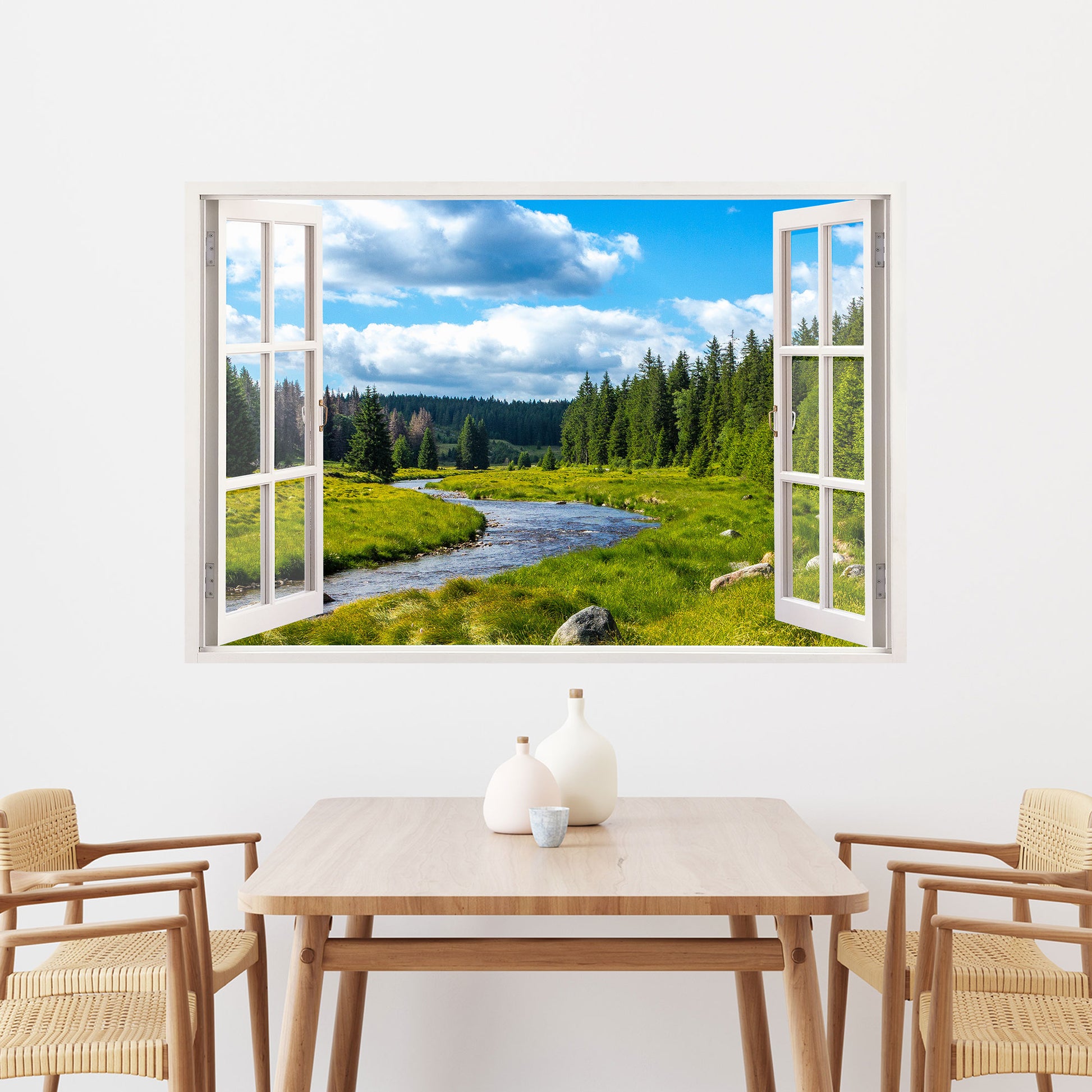 Blick aus einem modernen Bürofenster auf eine atemberaubende grüne Landschaft mit einem ruhigen Fluss, umgeben von Wäldern und einem klaren blauen Himmel mit Wolken. Wallspirit bietet Ihnen hochwertige Kunstdrucke, die Ihren Raum mit natürlicher Schönheit bereichern.