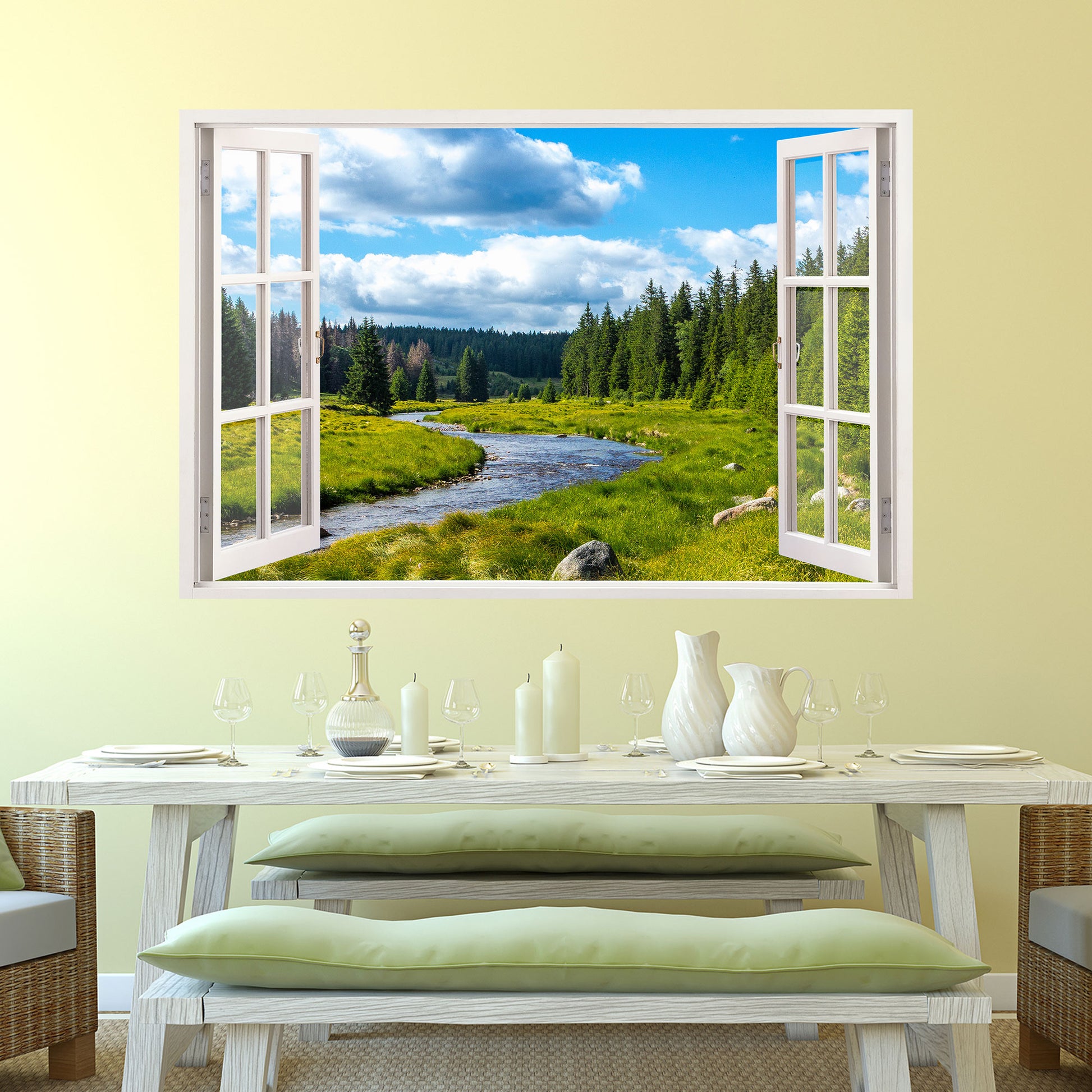 Ausblick aus einem eleganten Esszimmerfenster auf eine ruhige grüne Landschaft mit einem klaren Fluss, umgeben von dichten Wäldern unter einem blauen Himmel mit einigen Wolken. Wallspirit bietet hochwertige Kunstdrucke für Ihre Wohnräume, die natürliche Schönheit in Ihr Zuhause bringen.