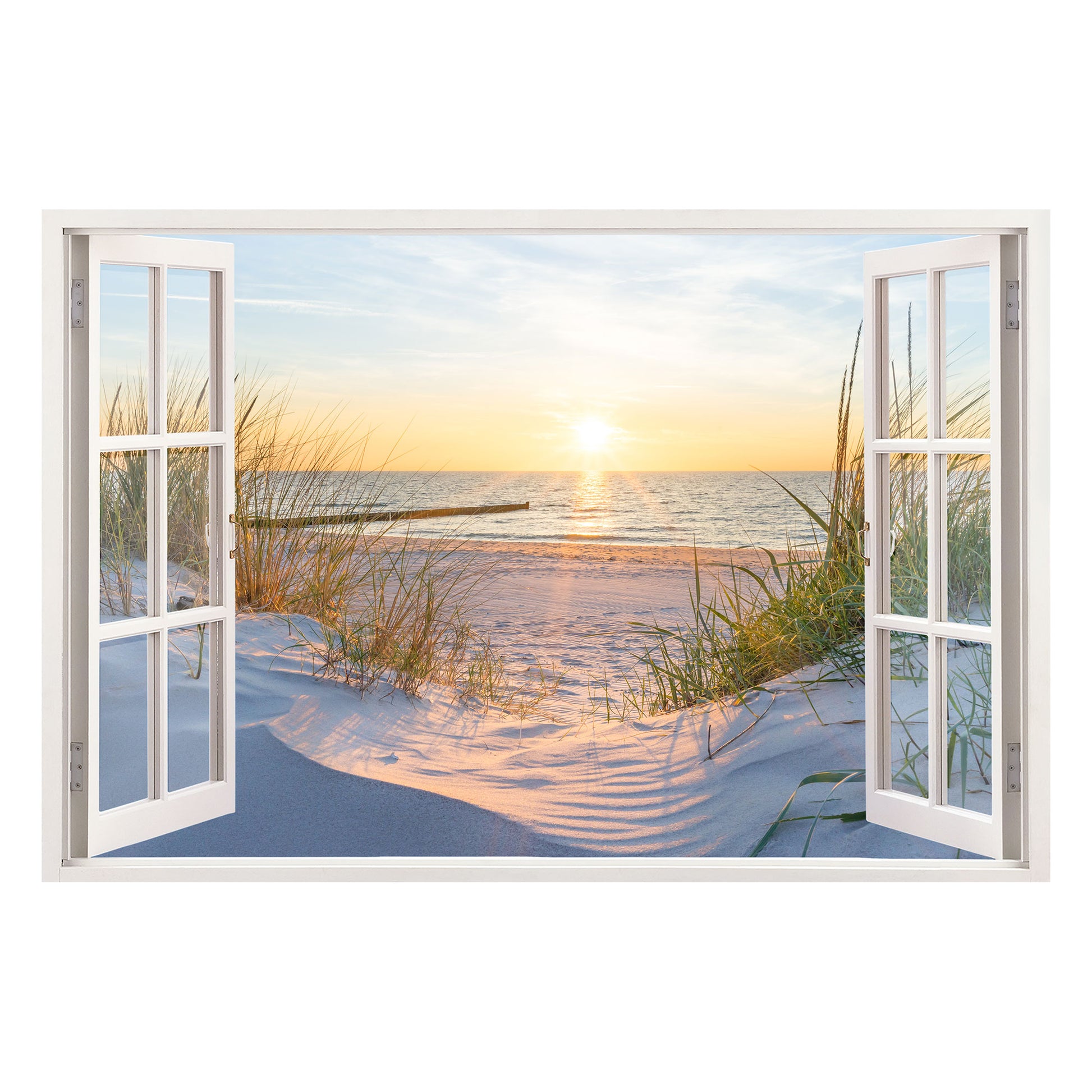 Wandtattoo mit offenem Fensterblick auf einen idyllischen Sandstrand bei Sonnenuntergang. Die Sonne spiegelt sich auf dem ruhigen Meer, während feine Dünen und Gräser die Landschaft einrahmen. Perfekte Wanddekoration für eine entspannte Atmosphäre im Wohn- oder Schlafzimmer.
