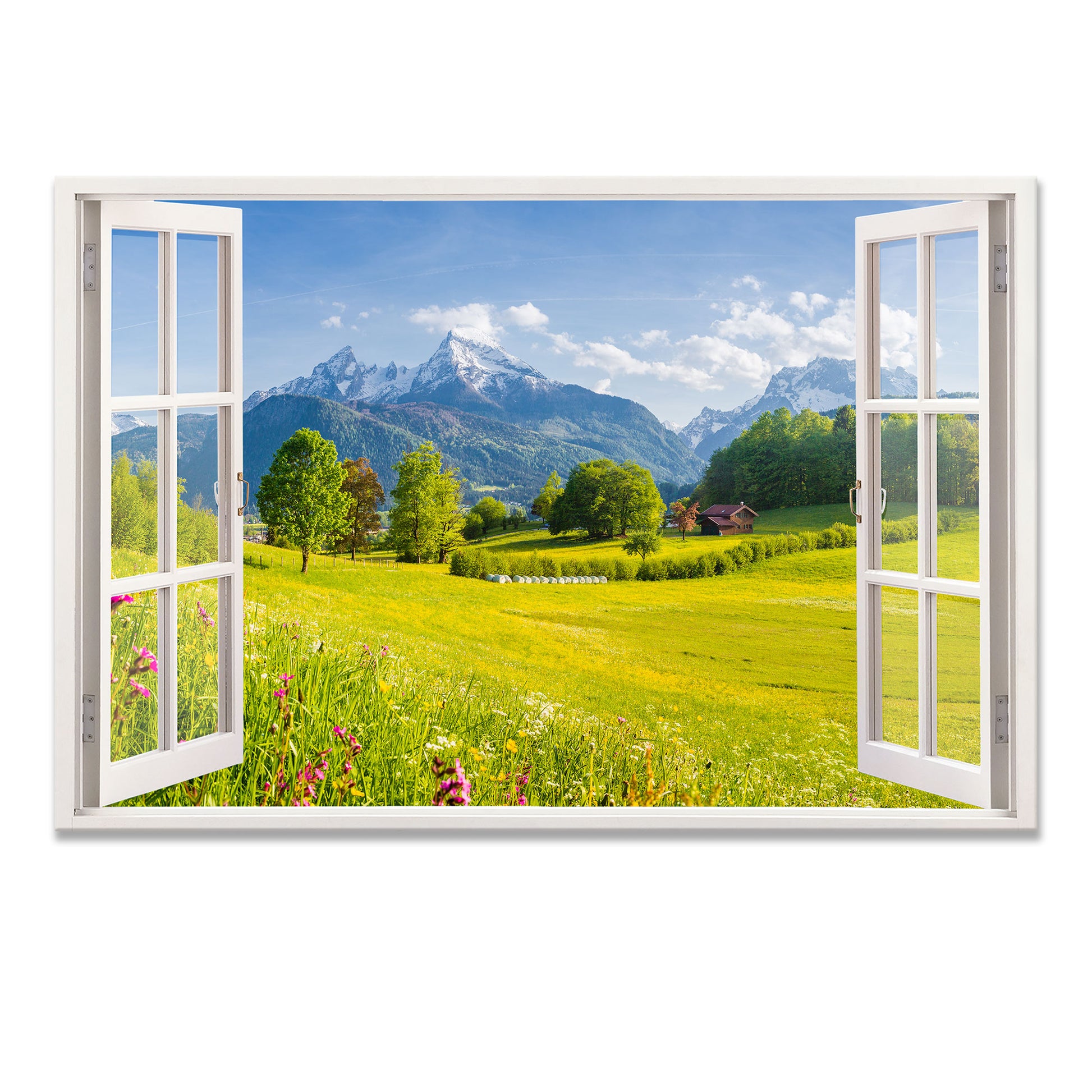Hochwertiges Leinwandbild mit offenem Fensterblick auf eine malerische Berglandschaft mit grünen Wiesen, blühenden Blumen und schneebedeckten Gipfeln. Perfekte Wanddekoration für Wohnzimmer, Büro oder Schlafzimmer.
