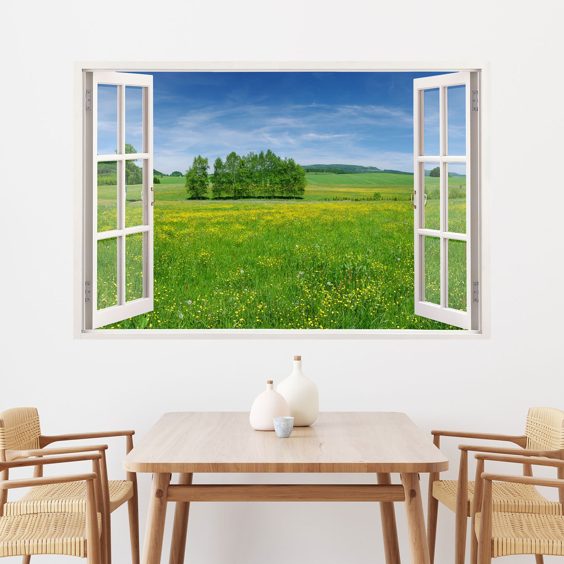 Leinwandbild mit 3D-Fensterblick auf eine malerische grüne Wiese mit blühenden Blumen und sanften Hügeln im Hintergrund. Perfekte Wanddekoration für eine beruhigende und natürliche Wohnatmosphäre.