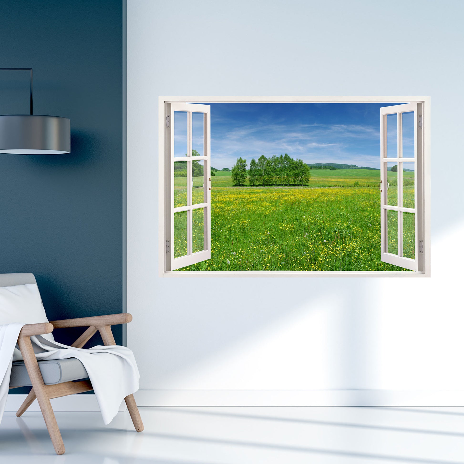 Leinwandbild mit 3D-Fensterblick auf eine malerische grüne Wiese unter einem strahlend blauen Himmel. Die perfekte Wanddekoration für eine entspannte und naturnahe Atmosphäre.