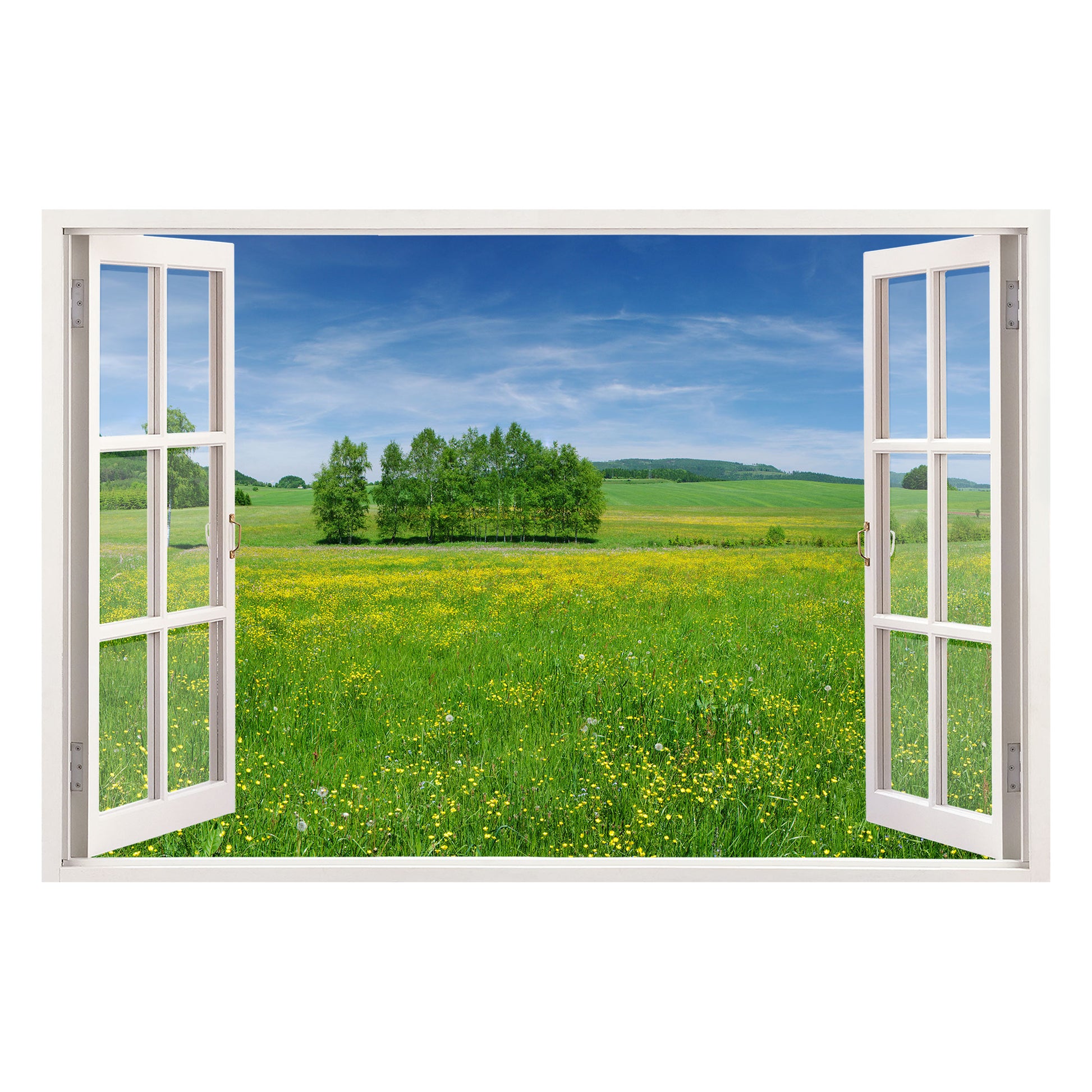 Leinwandbild mit 3D-Fensterblick auf eine idyllische grüne Wiese mit leuchtenden Blumen und einem strahlend blauen Himmel. Perfekte Wanddekoration für eine natürliche und harmonische Atmosphäre.