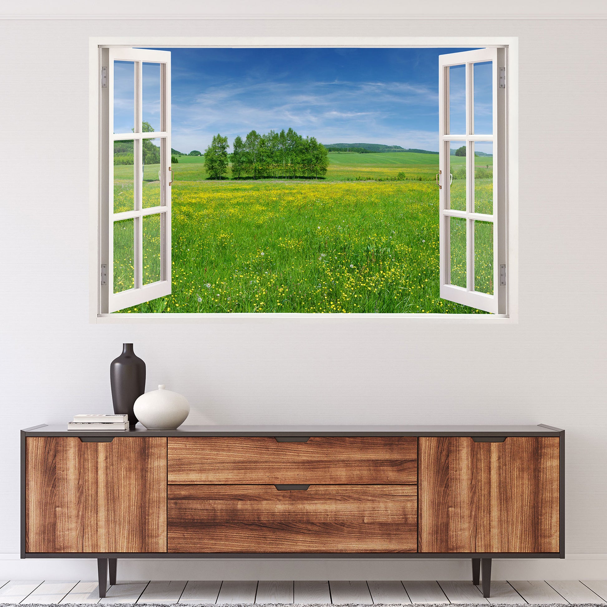 Hochwertiges Leinwandbild mit 3D-Fensterblick auf eine idyllische grüne Wiese mit blühenden Blumen unter einem strahlend blauen Himmel. Perfekte Wanddekoration für eine harmonische Wohnatmosphäre.