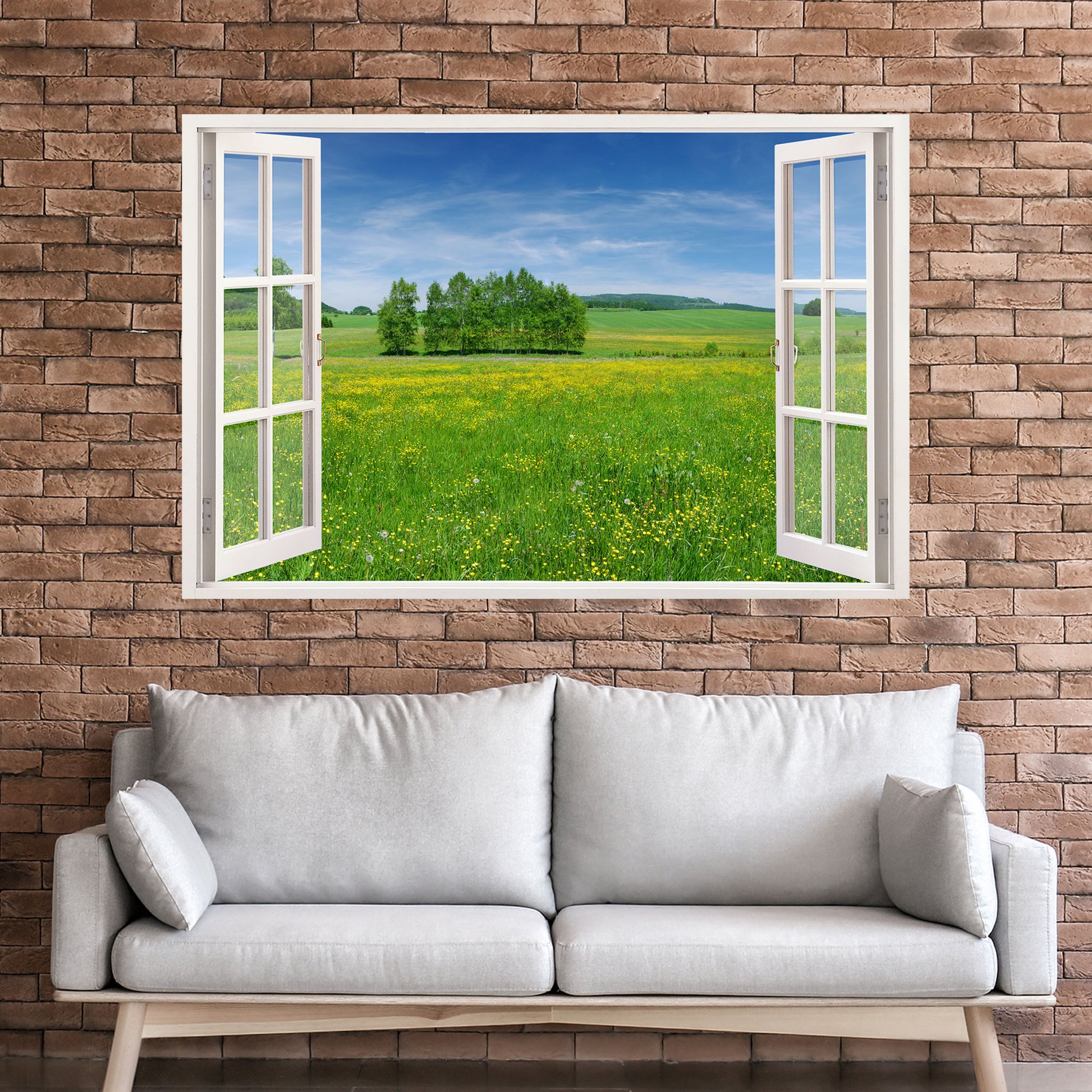 Leinwandbild mit 3D-Fenstereffekt, das eine idyllische grüne Wiese mit blühenden Blumen und Bäumen unter blauem Himmel zeigt. Perfekte Wanddekoration für eine natürliche und entspannte Wohnatmosphäre.